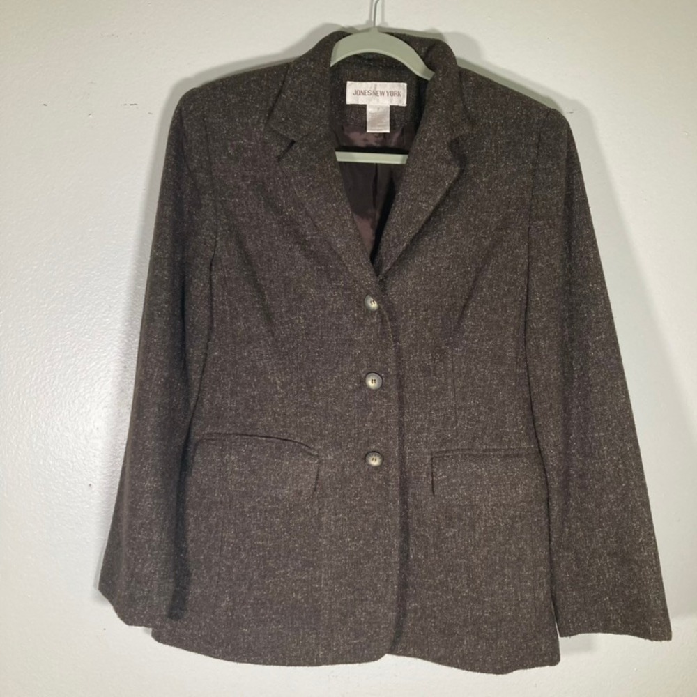 Jones New York Womens 2 Brown Tweed Wool Blend 3-Button Blazer Jacket Size
